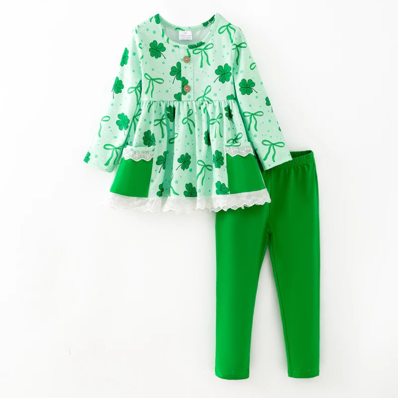 Baby Girls Bow Clovers Button Pockets Tunic Legging Pants St Patrick Clothes Sets Preorder