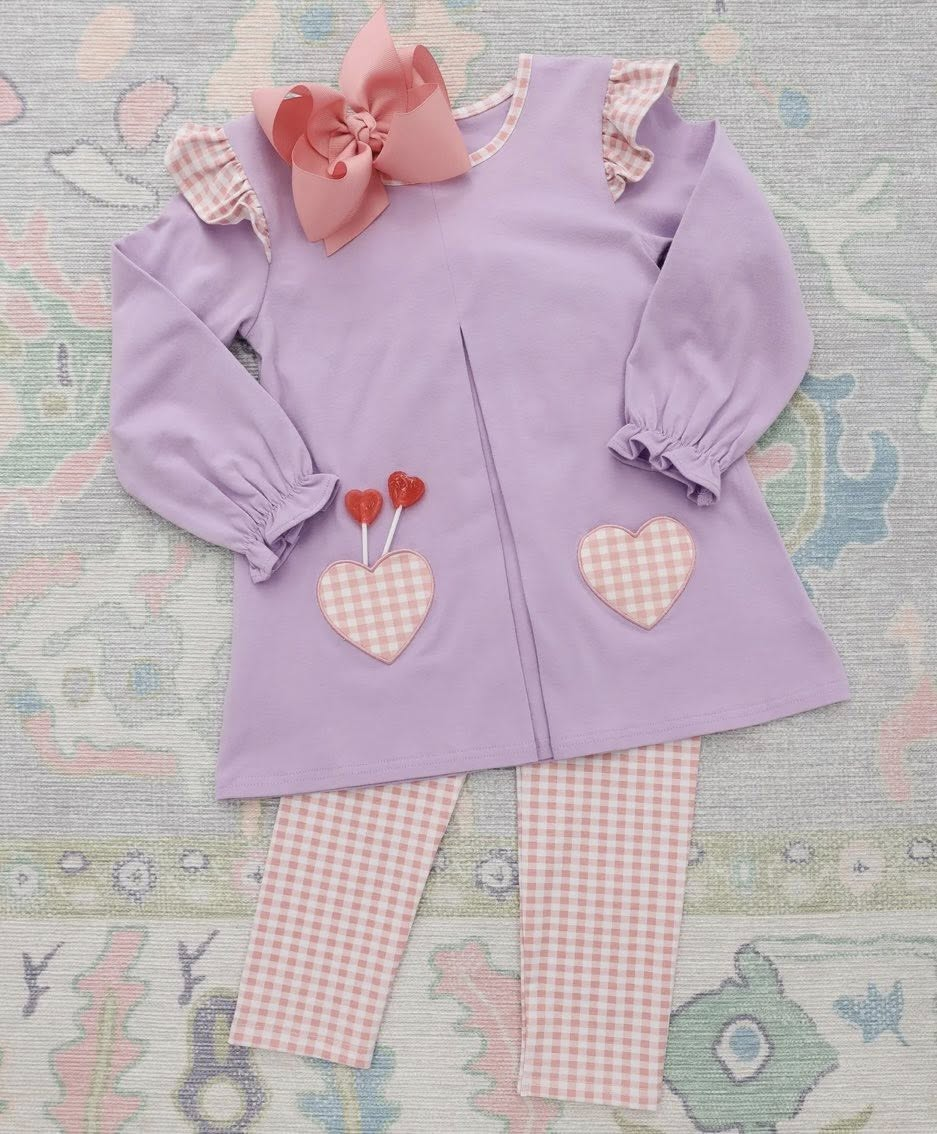 Baby Girls Checked Hearts Pockets Tunic Legging Pants Valentines Clothes Sets Preorder