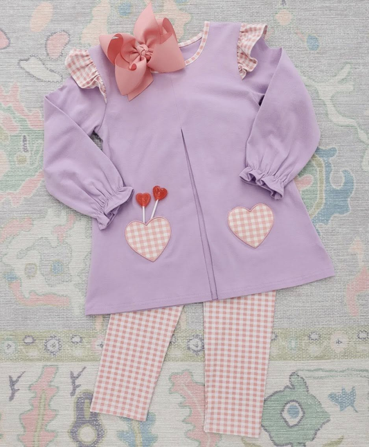 Baby Girls Checked Hearts Pockets Tunic Legging Pants Valentines Clothes Sets Preorder