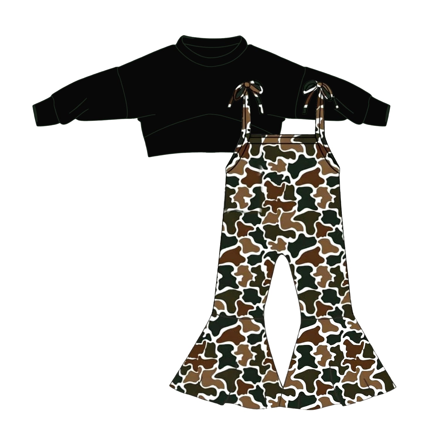 Baby Girls Long Sleeve Top Dark Brown Camo Strap Bell Bottom Southern Jumpsuits Preorder