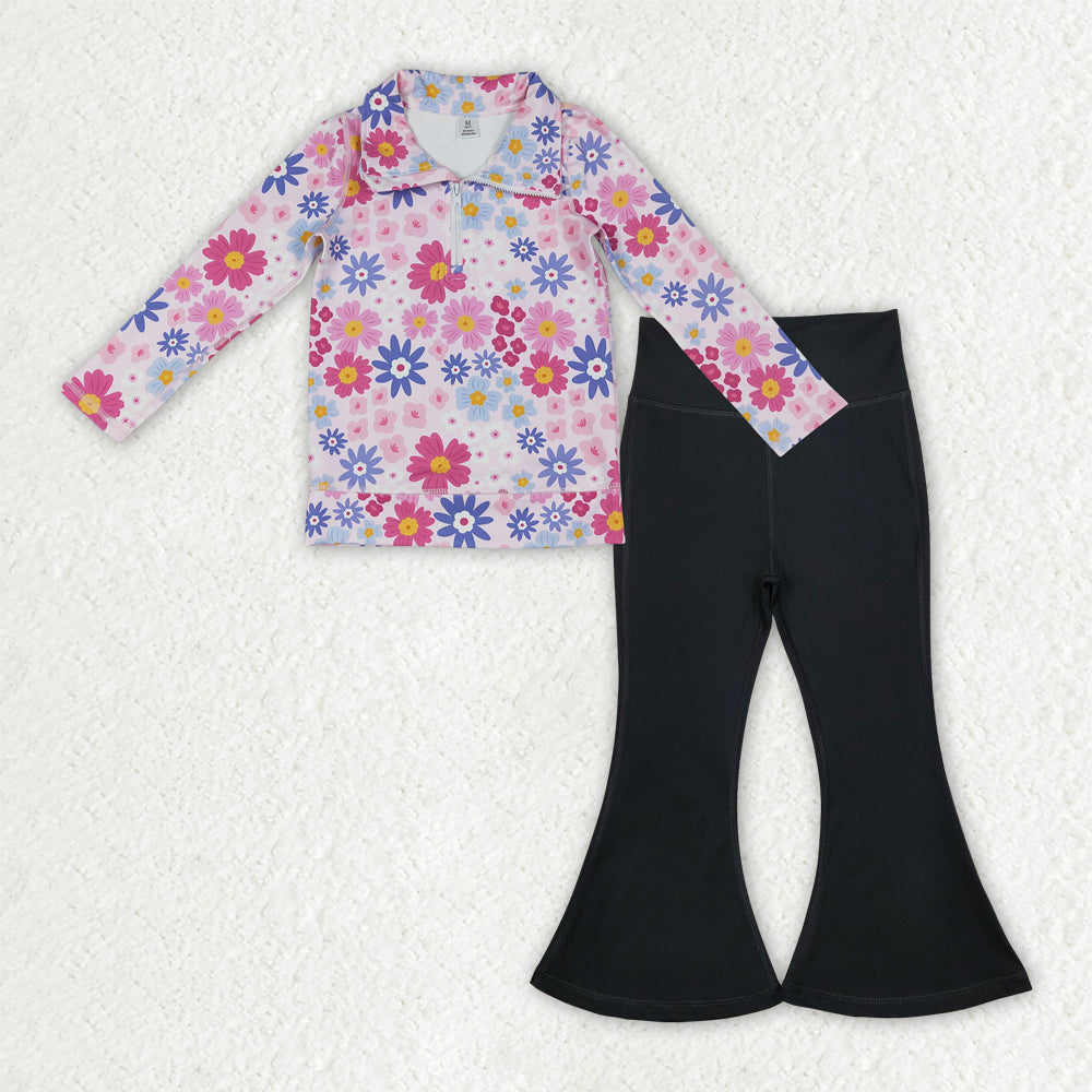 Baby Girls Daisy Flowers Zip Pullover Black Bell Bottom Pants Yoga Active Clothes Sets