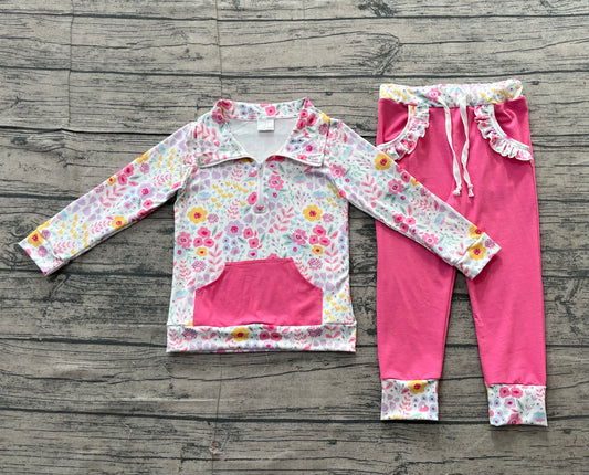 Baby Girls Colorful Flowers Zip Pocket Pullovers Jogger Pants Clothes Sets
