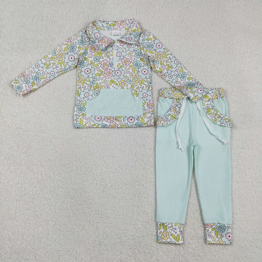 Sibling Baby Girls Colorful Floral Pocket Zip Pullovers Jogger Pants Clothes Sets