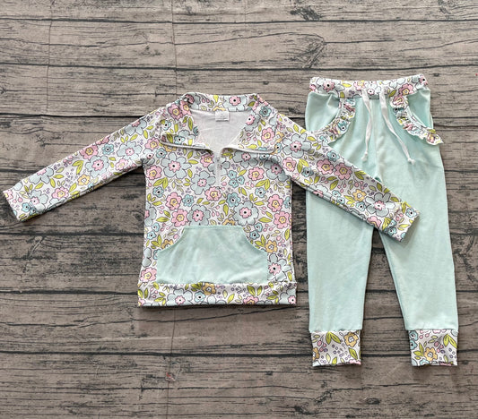 Baby Girls Colorful Flowers Zip Pocket Pullovers Joggers Clothes Sets