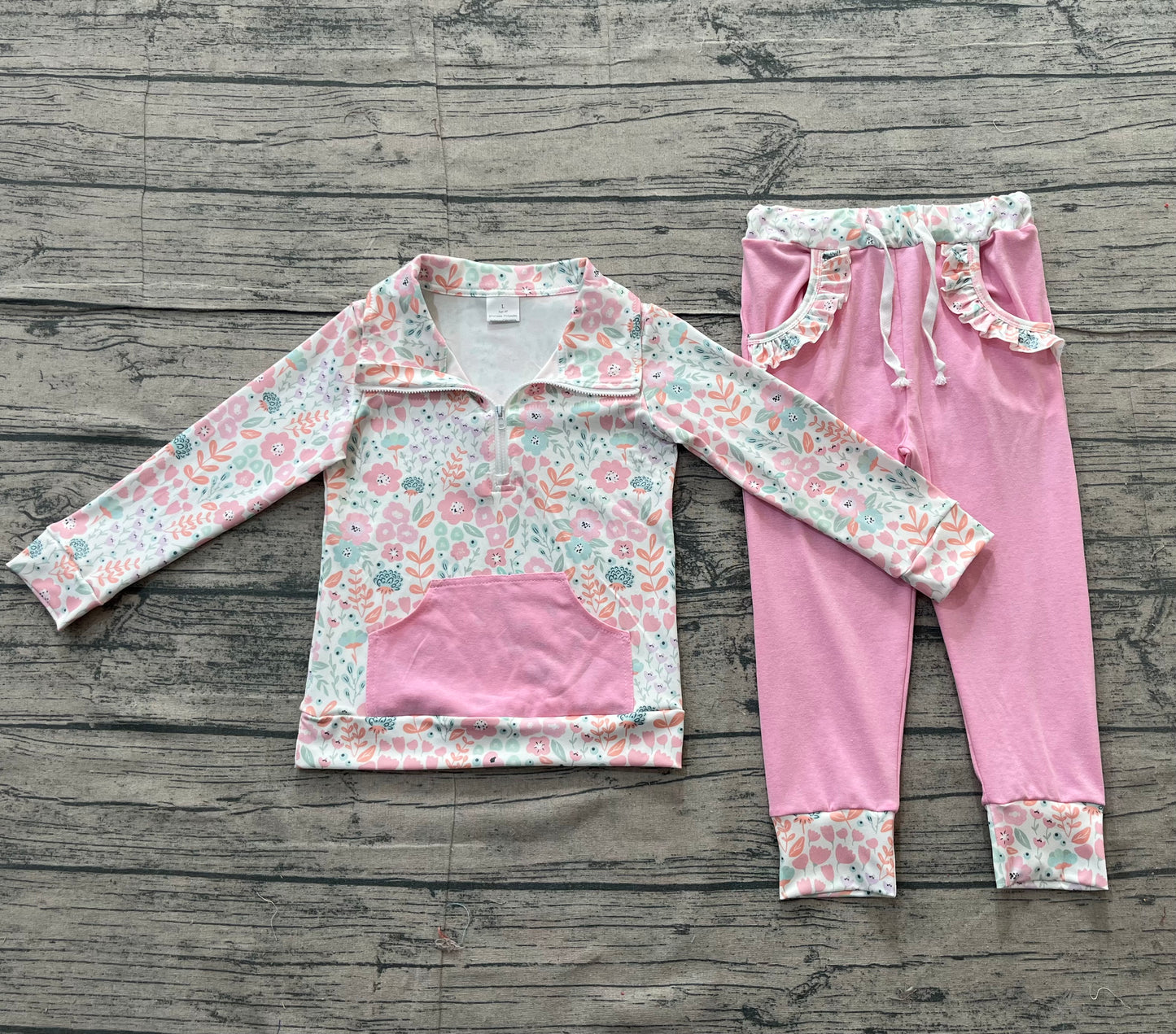 Baby Girls Colorful Flowers Zip Pocket Pullovers Jogger Pants Clothes Sets