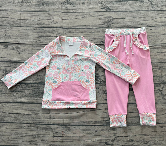 Baby Girls Colorful Flowers Zip Pocket Pullovers Jogger Pants Clothes Sets