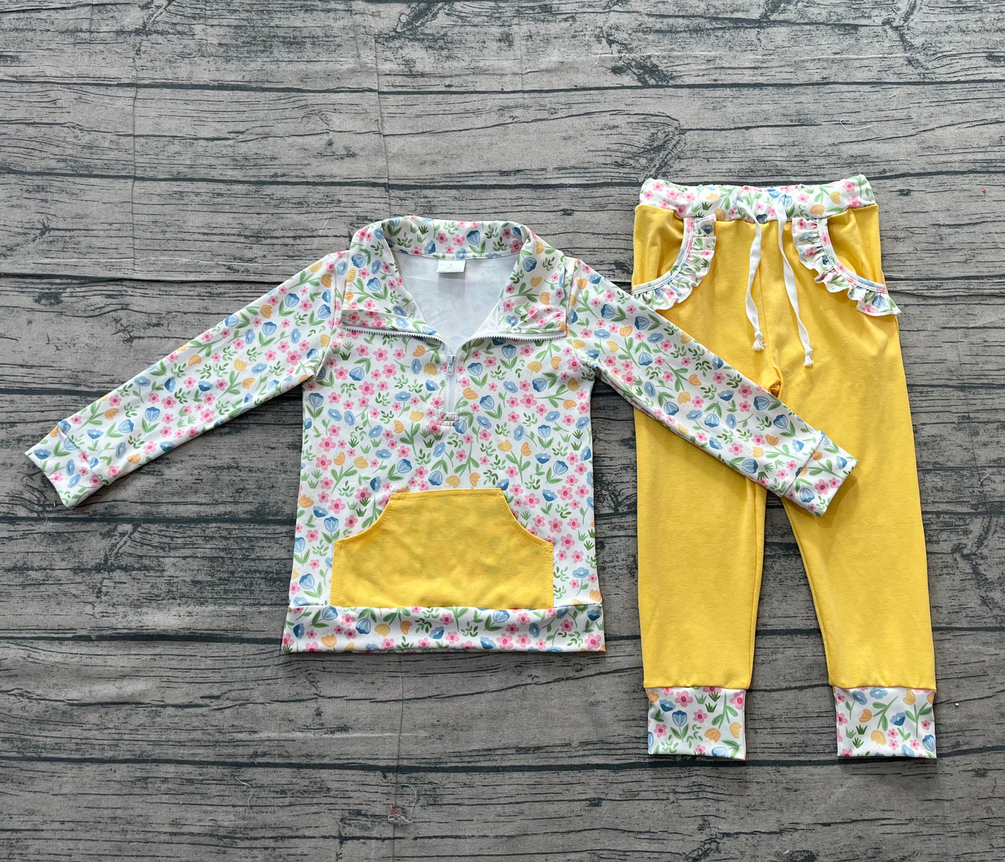 Baby Girls Colorful Flowers Zip Pocket Pullovers Jogger Pants Clothes Sets