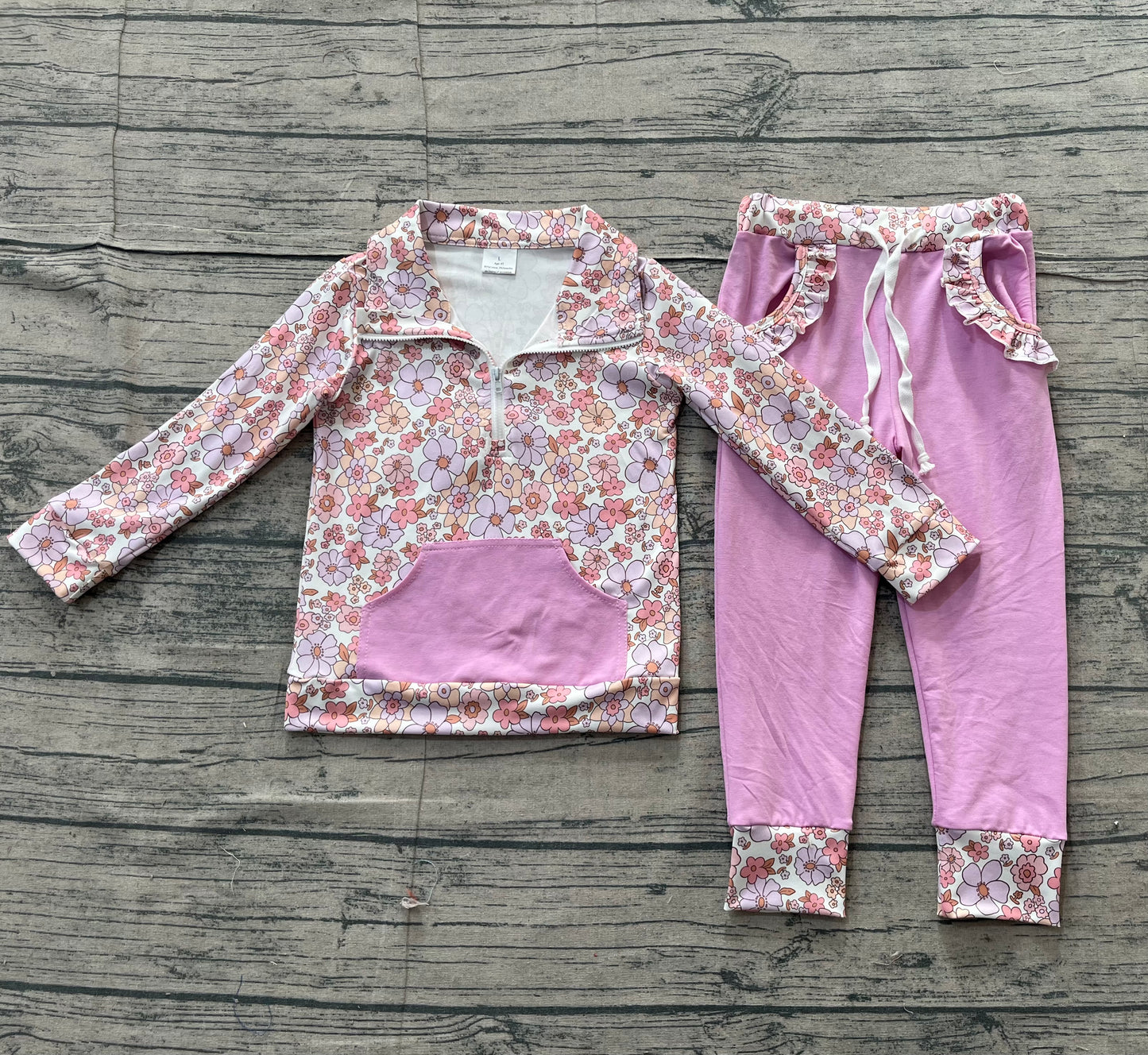 Baby Girls Colorful Flowers Zip Pocket Pullovers Jogger Pants Clothes Sets