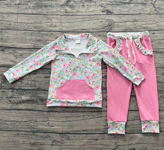 Baby Girls Colorful Flowers Zip Pocket Pullovers Jogger Pants Clothes Sets