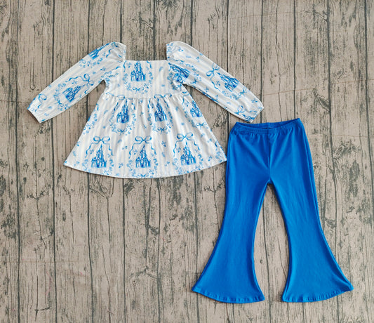 Baby Girls Blue Stripe Bows Castles Tunic Bell Bottom Pants Clothes Sets Preorder
