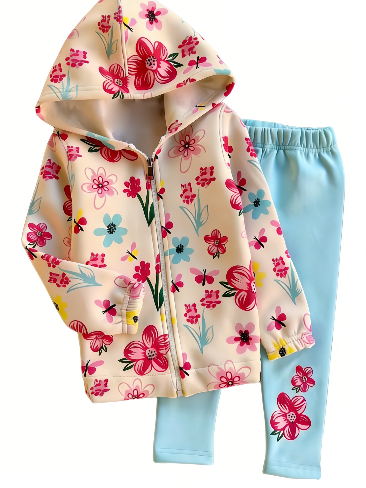 Baby Girls Colorful Flowers Butterfly Zipper Hoodies Leggings Clothes Sets Preorder