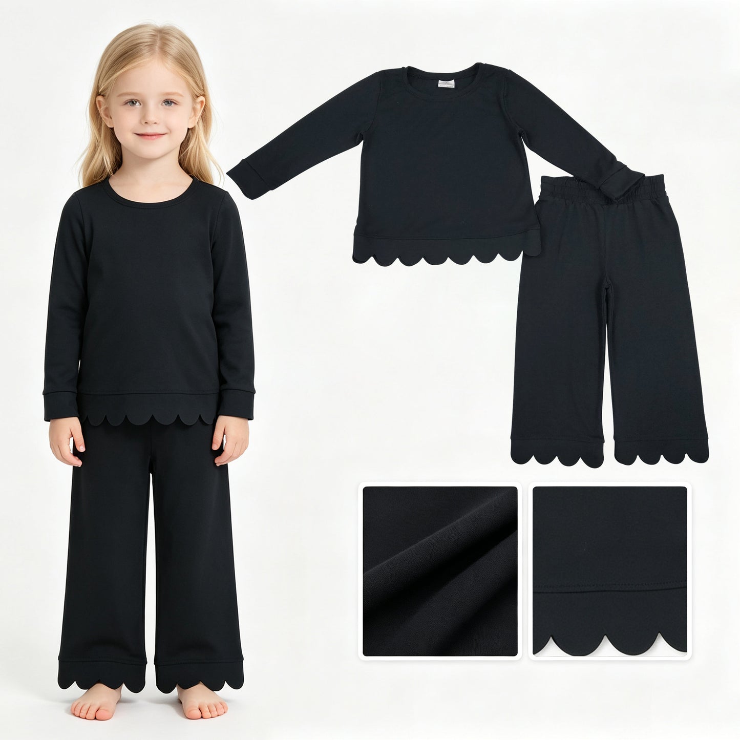 Baby Girls Black Long Sleeve Top Pants Scallop Pajamas Clothes Sets