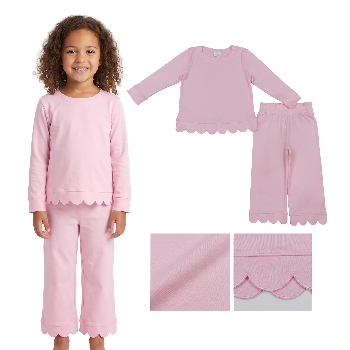 Baby Girls Light Pink Long Sleeve Top Pants Scallop Pajamas Clothes Sets