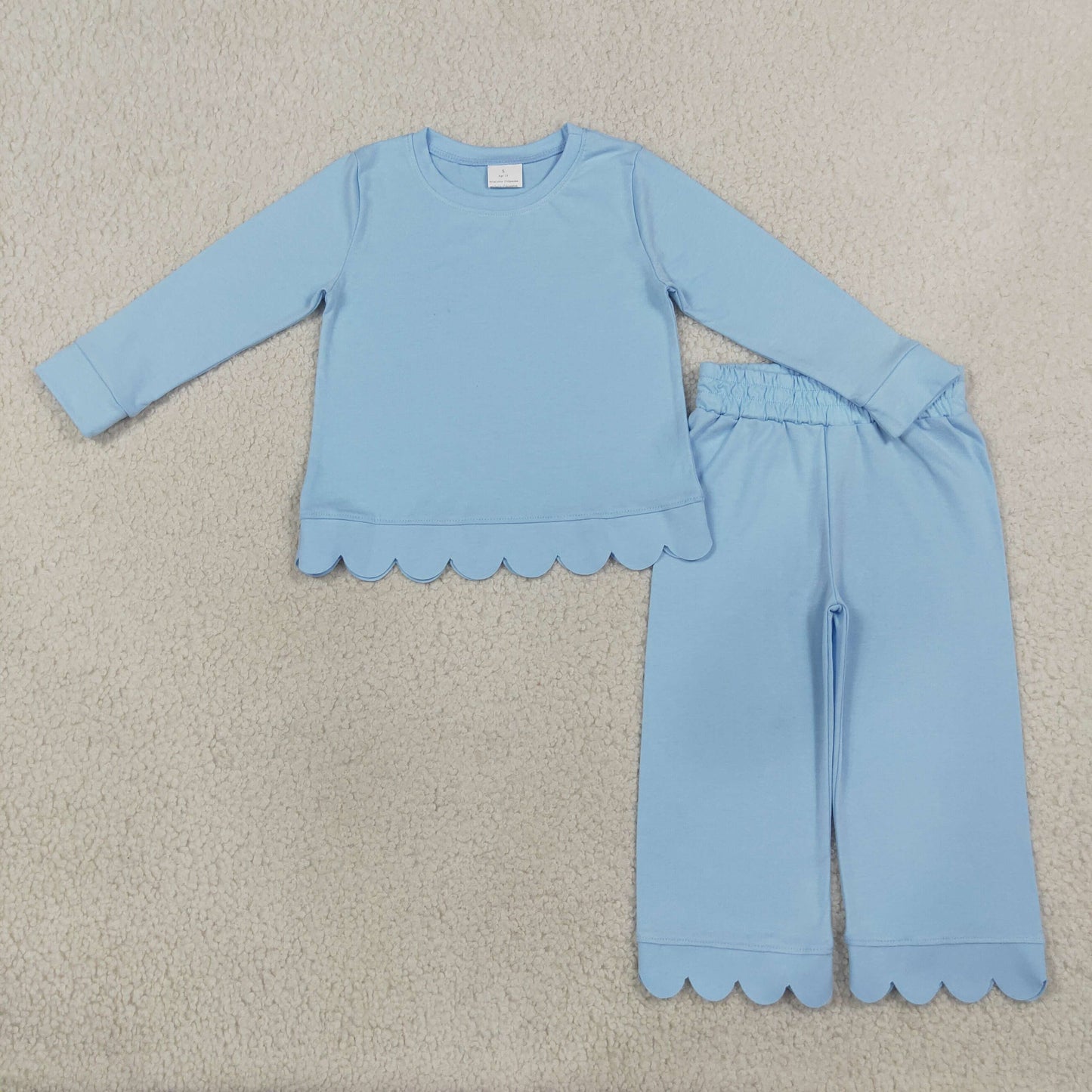 Baby Girls Light Blue Long Sleeve Top Pants Scallop Pajamas Clothes Sets