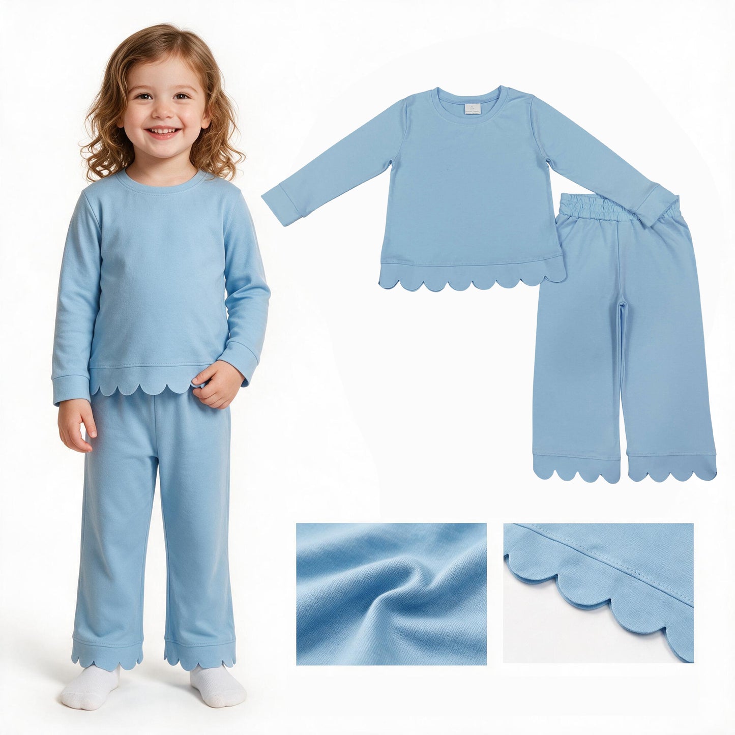 Baby Girls Light Blue Long Sleeve Top Pants Scallop Pajamas Clothes Sets