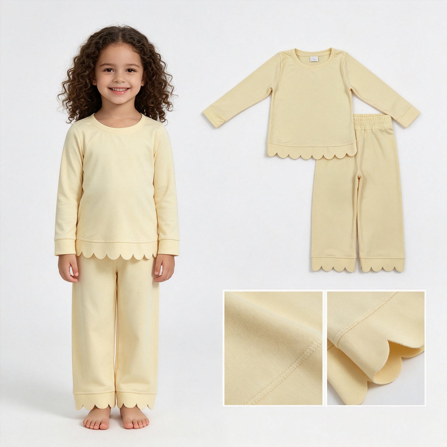 Baby Girls Yellow Long Sleeve Top Pants Scallop Pajamas Clothes Sets