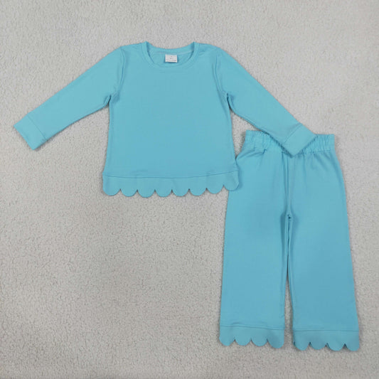 Baby Girls Blue Long Sleeve Top Pants Scallop Pajamas Clothes Sets
