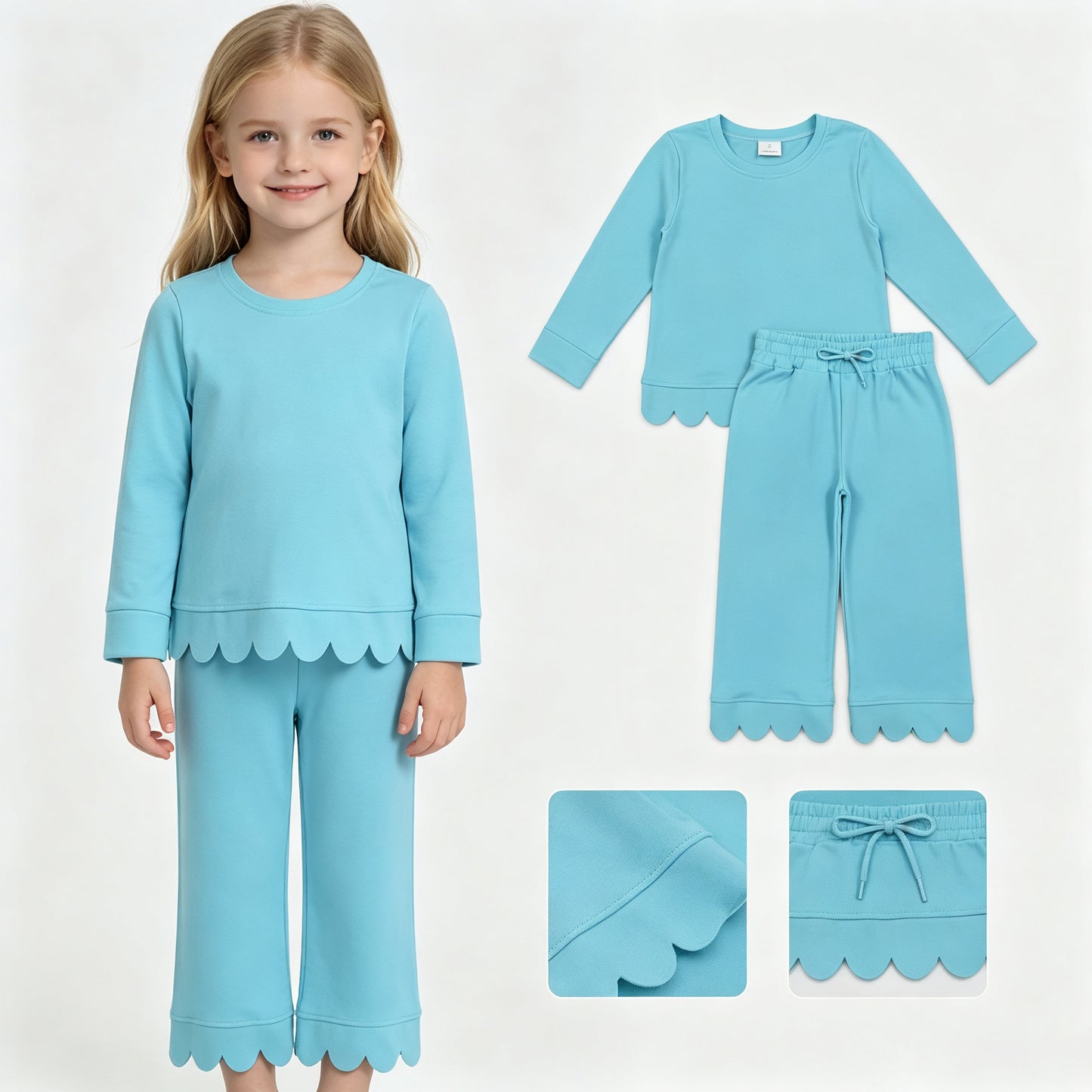 Baby Girls Blue Long Sleeve Top Pants Scallop Pajamas Clothes Sets