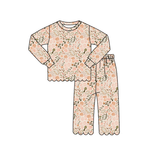 Baby Girls Long Sleeve Colorful Flowers Top Pants Scallop Pajamas Clothes Sets Preorder