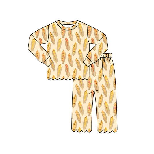 Baby Girls Long Sleeve Corn Plaid Top Pants Scallop Pajamas Clothes Sets Preorder