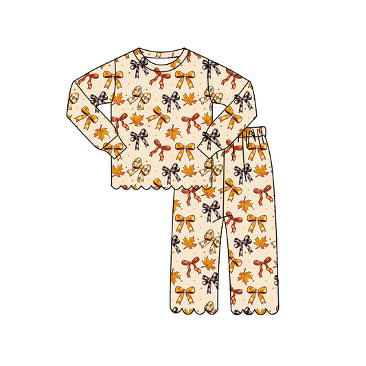 Baby Girls Long Sleeve Bows Leaves Top Pants Scallop Pajamas Clothes Sets Preorder