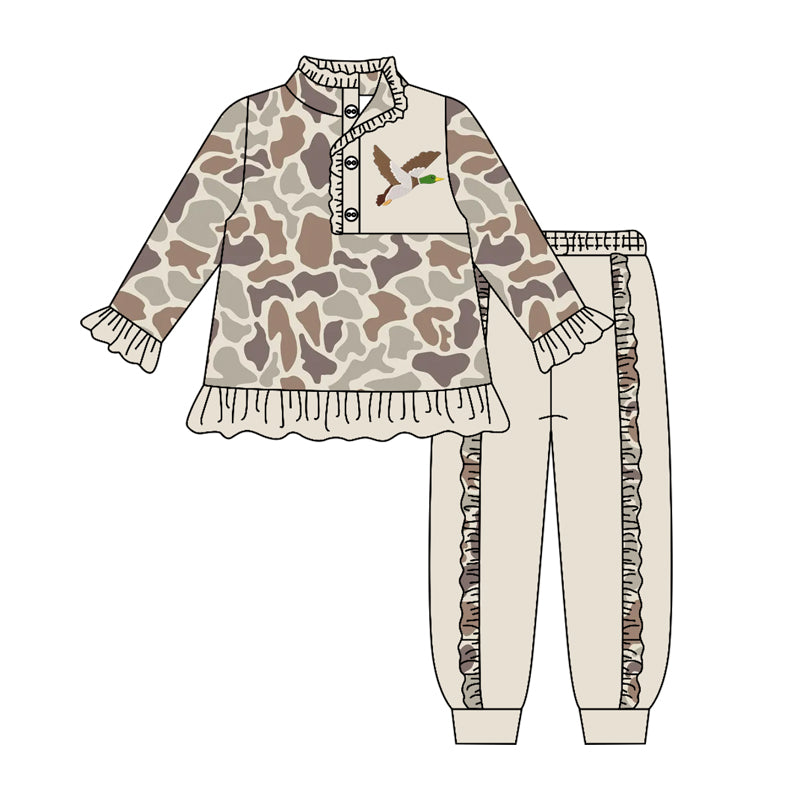 Baby Girls Khaki Camo Duck Button Ruffle Pullover Top Jogger Hunting Clothes Sets Preorder