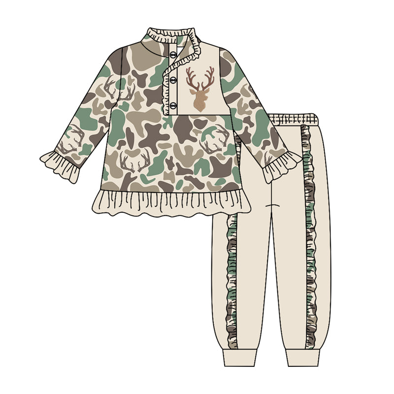 Baby Girls Green Camo Deer Button Ruffle Pullover Top Jogger Hunting Clothes Sets Preorder