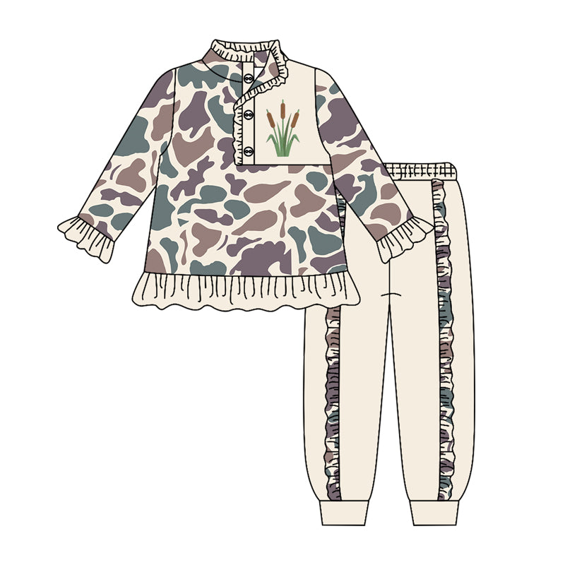 Baby Girls Brown Camo Water Plants Button Ruffle Pullover Top Jogger Clothes Sets Preorder