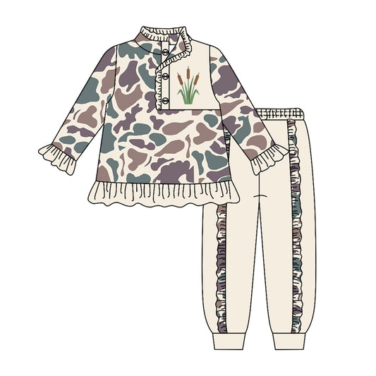 Baby Girls Brown Camo Water Plants Button Ruffle Pullover Top Jogger Clothes Sets Preorder
