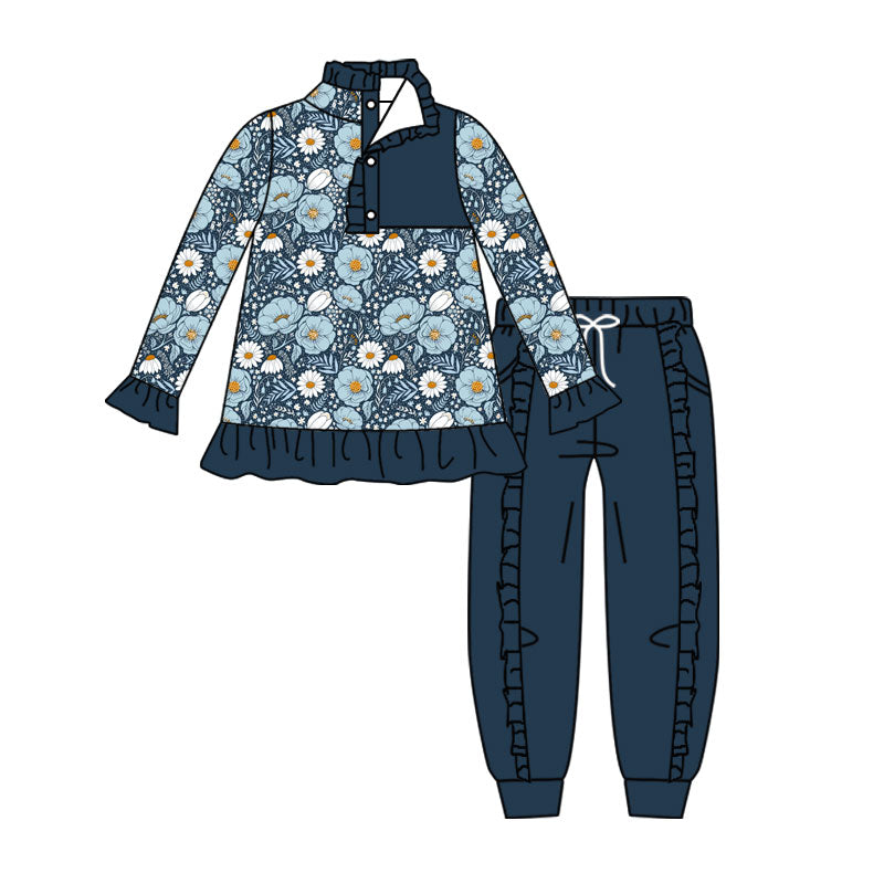 Baby Girls Colorful Flowers Button Ruffle Pullover Top Jogger Hunting Clothes Sets Preorder