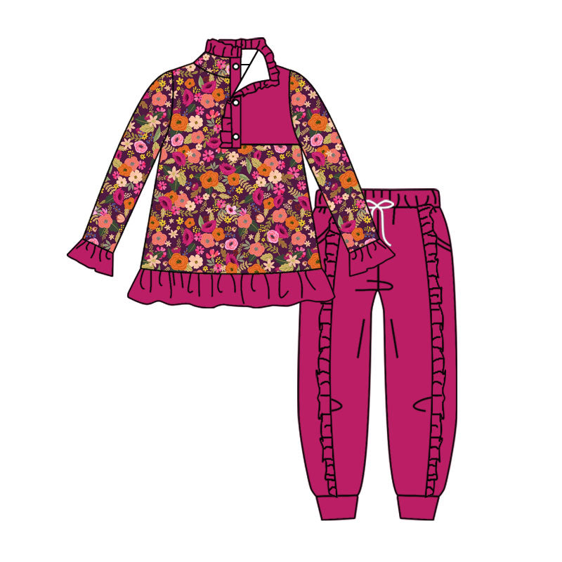 Baby Girls Colorful Flowers Button Ruffle Pullover Top Jogger Hunting Clothes Sets Preorder