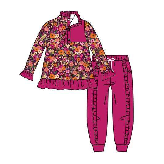 Baby Girls Colorful Flowers Button Ruffle Pullover Top Jogger Hunting Clothes Sets Preorder