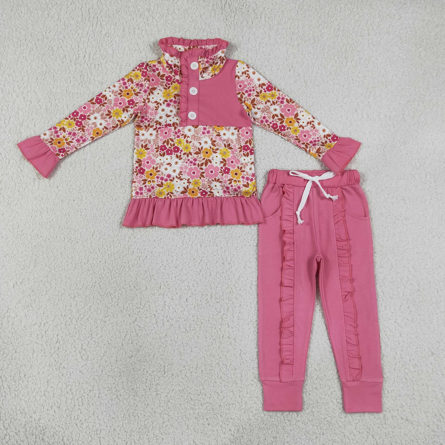 Baby Girls Colorful Flowers Button Ruffle Pullover Top Jogger Hunting Clothes Sets