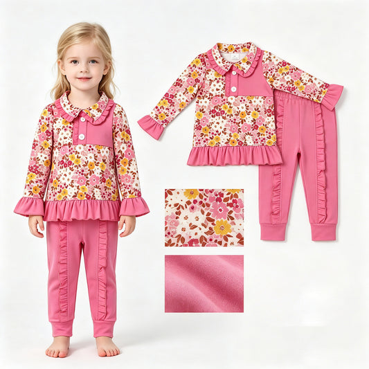 Baby Girls Colorful Flowers Button Ruffle Pullover Top Jogger Hunting Clothes Sets