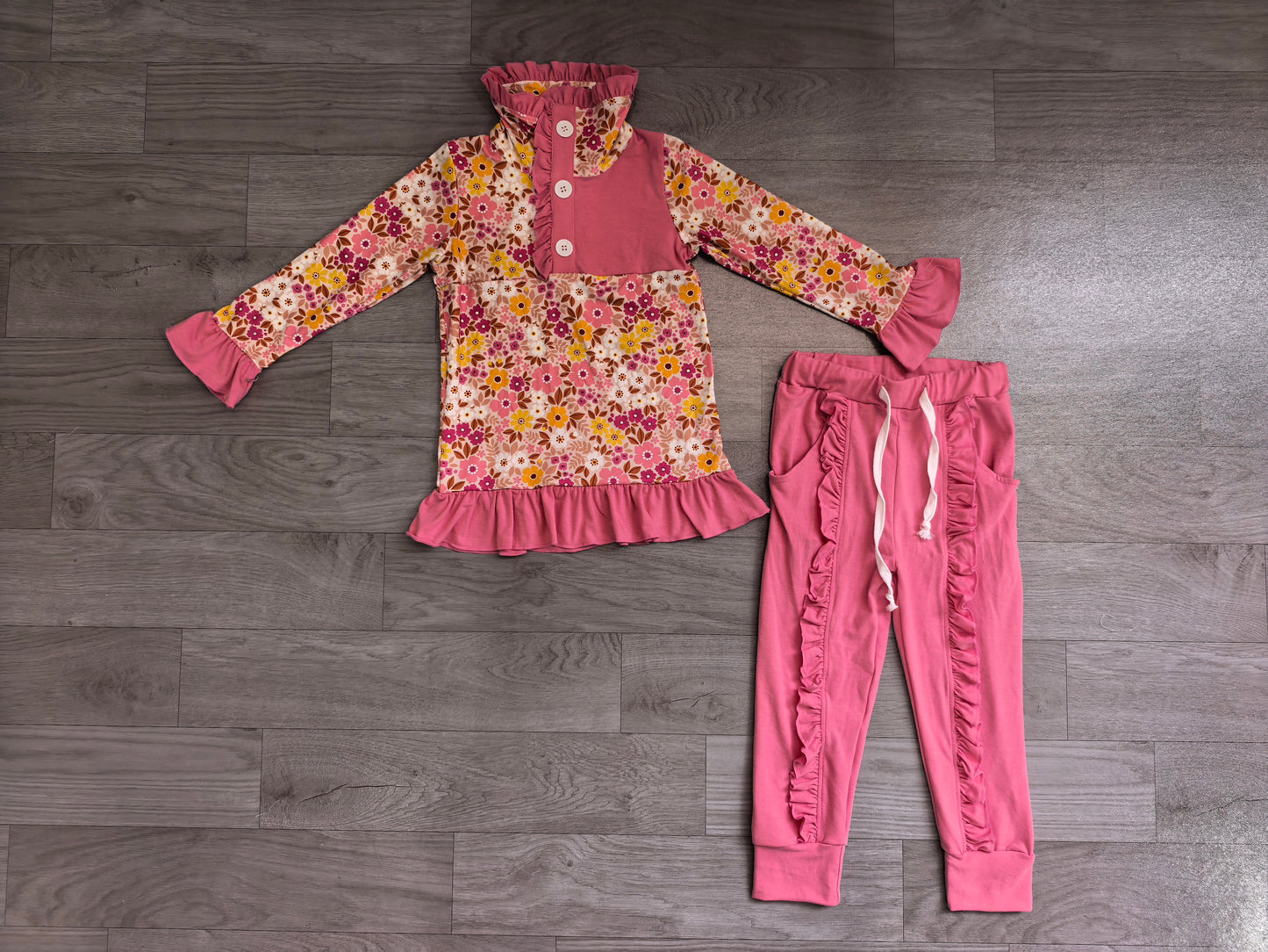Baby Girls Colorful Flowers Button Ruffle Pullover Top Jogger Hunting Clothes Sets Preorder