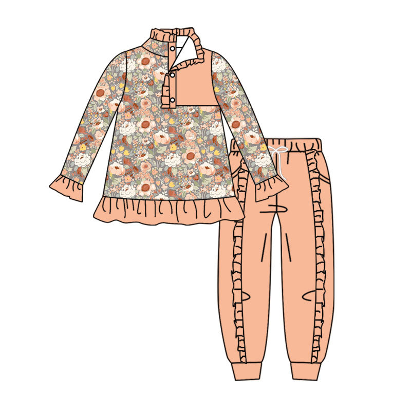Baby Girls Colorful Flowers Button Ruffle Pullover Top Jogger Hunting Clothes Sets Preorder