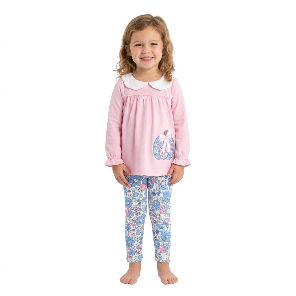 Embroidery Flowers Pumpkins Baby Girls Collar Tunic Leggings Fall Clothes Sets