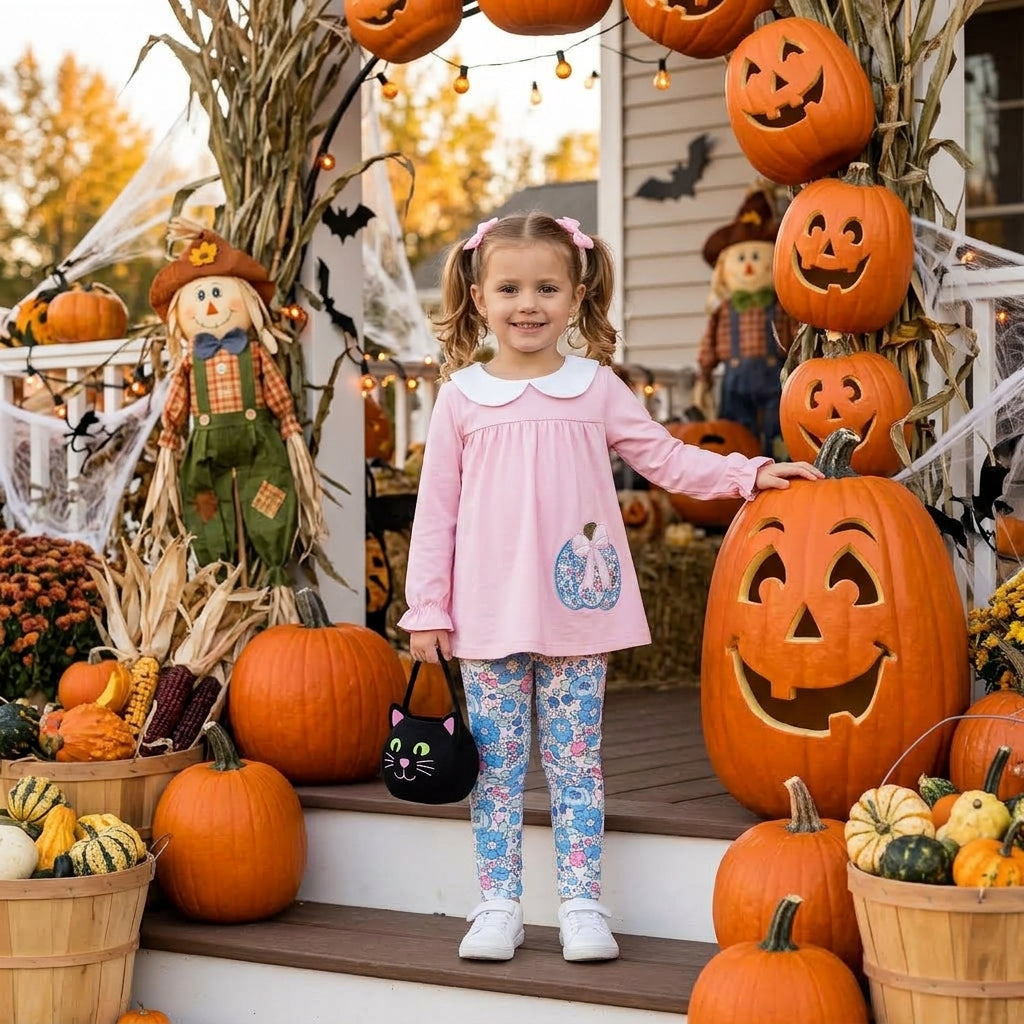 Embroidery Flowers Pumpkins Baby Girls Collar Tunic Leggings Fall Clothes Sets