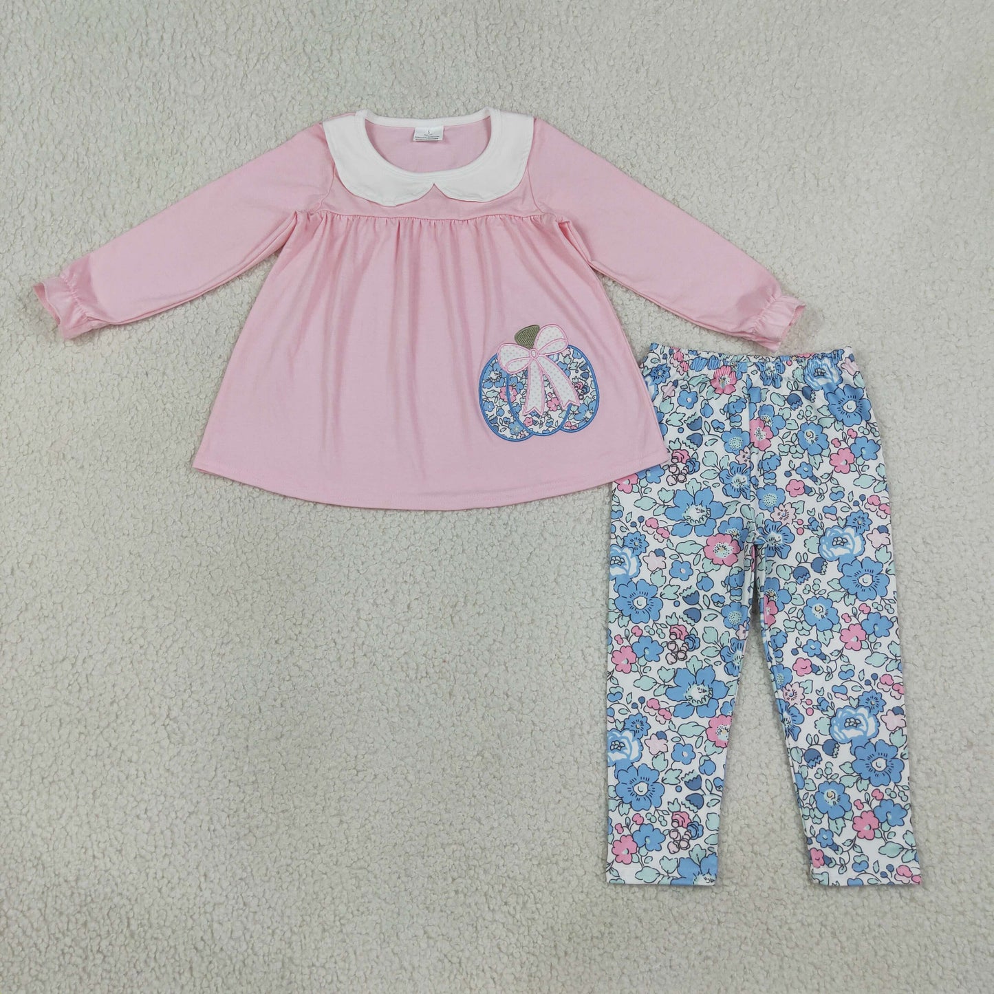 Embroidery Flowers Pumpkins Baby Girls Collar Tunic Leggings Fall Clothes Sets