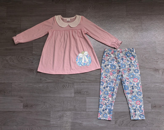 Embroidery Flowers Pumpkins Baby Girls Collar Tunic Leggings Fall Clothes Sets Preorder