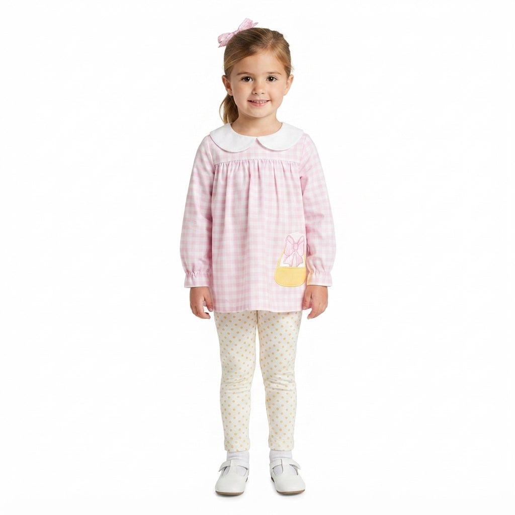 Embroidery Bow Candy Baby Girls Pink Checked Tunic Leggings Halloween Clothes Sets
