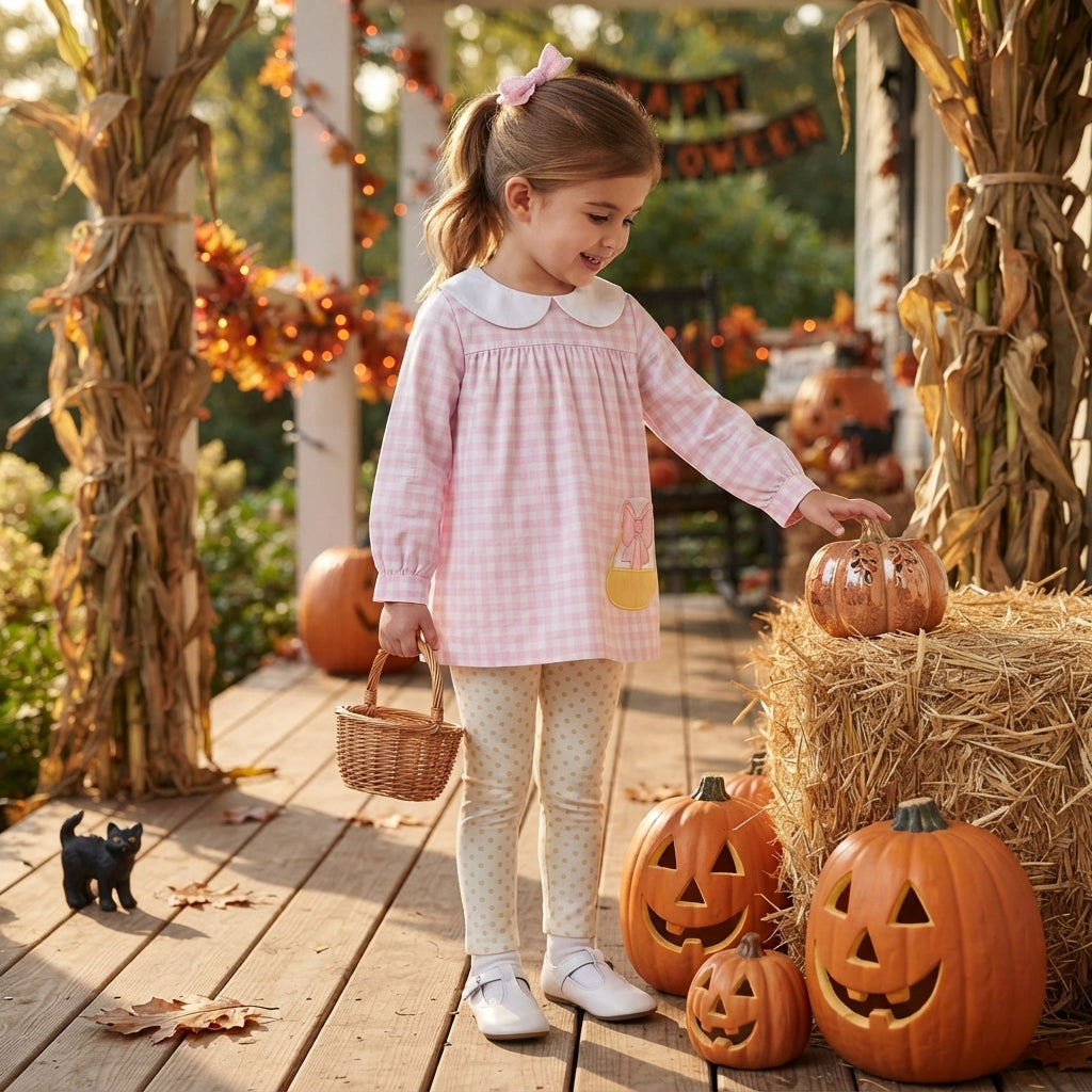 Embroidery Bow Candy Baby Girls Pink Checked Tunic Leggings Halloween Clothes Sets
