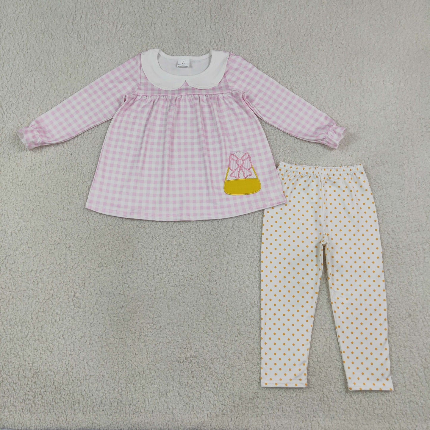 Embroidery Bow Candy Baby Girls Pink Checked Tunic Leggings Halloween Clothes Sets