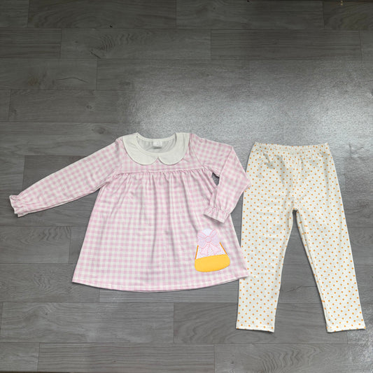 Embroidery Candy Baby Girls Pink Checked Tunic Leggings Halloween Clothes Sets Preorder