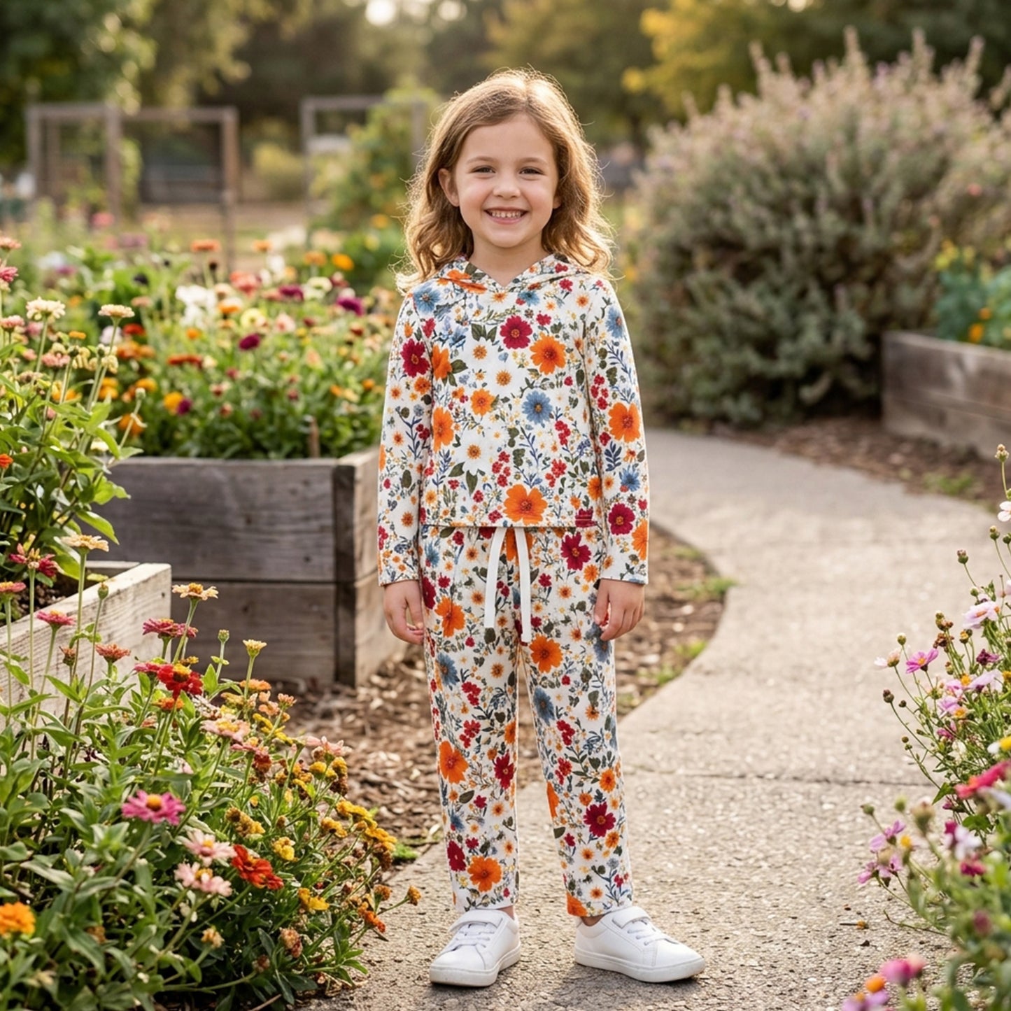 Baby Girls Colorful Flowers Hoodies Pockets Straight Bottom Pant Clothes Sets