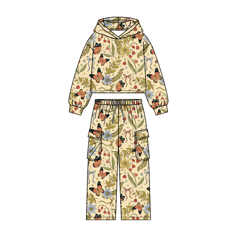 Baby Girls Butterfly Flowers Hoodies Pockets Straight Bottom Pant Clothes Sets Preorder