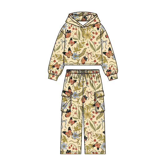 Baby Girls Butterfly Flowers Hoodies Pockets Straight Bottom Pant Clothes Sets Preorder