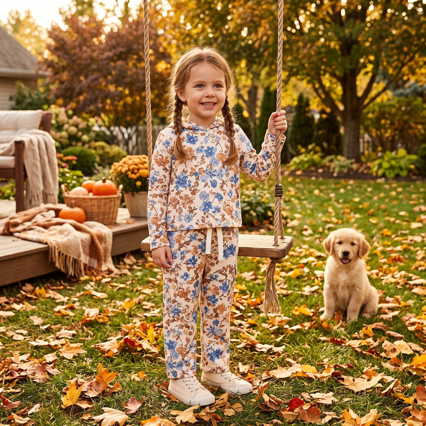 Baby Girls Colorful Flowers Hoodies Pockets Straight Pant Fall Clothes Sets