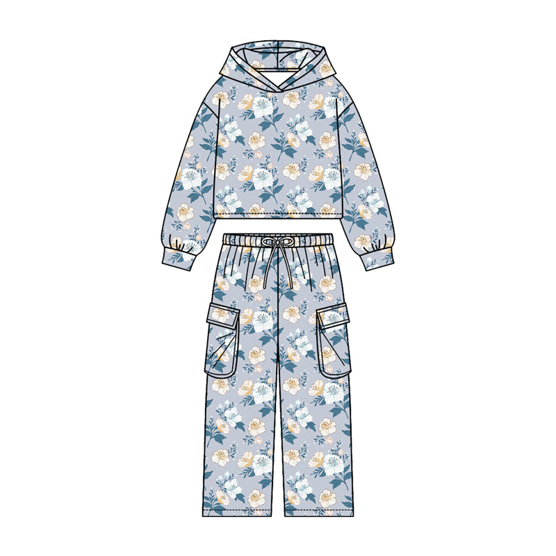 Baby Girls Colorful Flowers Hoodies Pockets Straight Bottom Pant Clothes Sets Preorder