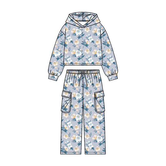 Baby Girls Colorful Flowers Hoodies Pockets Straight Bottom Pant Clothes Sets Preorder